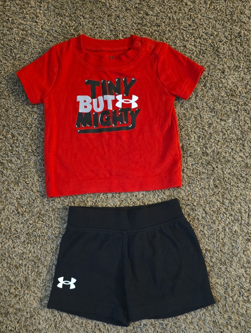 3-6M Under Armour Red 'Tiny But Mighty' Tee with Black Logo Shorts